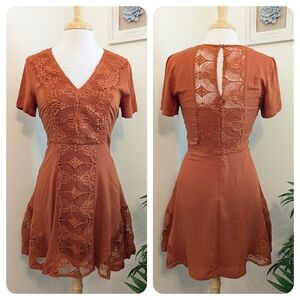 Altar'd State Lace Short Sleeve Fit & Flare Mini Dress Rust Orange Medium